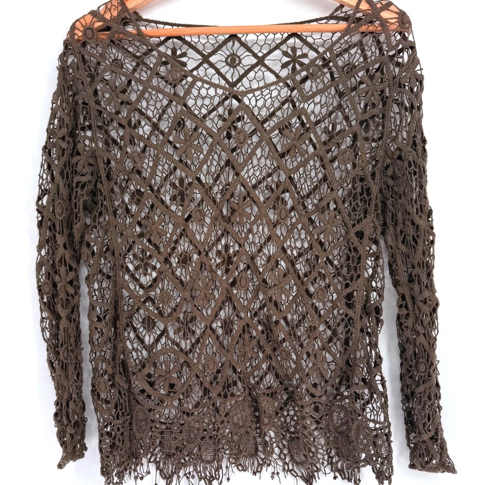 Maurices Brown‎ Crochet Floral Long Sleeve Open Knit Cardigan Sweater Top Women